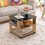 Beistelltisch, Quadratischer Kleiner Couchtisch Blumentisch Ecktisch Licht Luxus Kreatives Wohnzimmer Moderner Minimalistischer Beistelltisch Glas Mini Sofa Beistelltisch (Farbe: A heller Nussbaum)