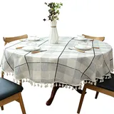 schwere Baumwolle Leinen Tischdecke, rund, kariert, Quaste, für Küche Esszimmer Tischdekorationen, Durchmesser - 160cm, graues Plaid