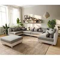 DeLife Wohnlandschaft Clovis XL Weiss Hellgrau Modulsofa Hocker - Hellgrau/Grau