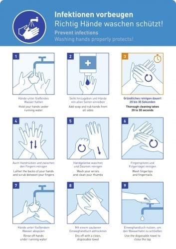 Aufkleber Infektionen vorbeugen, Richtig Hände waschen..., Kombischild, Folie, 210x297 mm