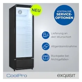 Exquisit Glastürkühlschrank, 280l Getränkekühlschrank mit LED, Umluft, 5 verstellbare Ablagen, CoolPro, GKS260-GT-430D schwarz