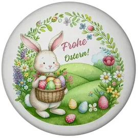speecheese Osterhase Magnet rund mit Spruch Frohe Ostern Ideal für Osterkorb Bunte Eier Grüne Wiese Blumenmotiv Frühlingsdeko