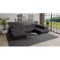 Goldstoff Wohnlandschaft RELAX U Ecksofa mit Schlaffunktion, Kunstleder & Samt, 345 × 205 cm, zwei Bettkästen, verstellbare Kopfstützen grau|schwarz