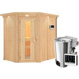 Woodfeeling Karibu Energiespar-Sauna Caspin mit Eckeinstieg 68 mm 3,6 kW Plug&Play Bio-Kombiofen externer Steuerung Easy inkl. 8-teiligem gratis Zubehörpaket (Gesamtwert 191,92€)