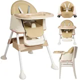 Ferghana 4-in-1-Hochstuhl für Babys, Kinderhochstuhl mit Abnehmbarem Tablett, Babystuhl mit Unteres Staufach und Rollen, Höhe Verstellbarer Hochstuhl mit 5-Punkt-Gurt, Beige