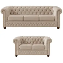S-Style Chesterfield Polstergarnitur Samt 3-Sitzer + 2-Sitzer Beige