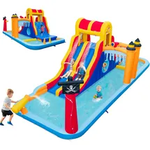 Costway Hüpfburg Wasserpark mit 2 Rutschen & Wasserkanone & Planschbecken