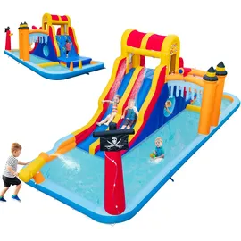 Costway Hüpfburg Wasserpark mit 2 Rutschen & Wasserkanone & Planschbecken