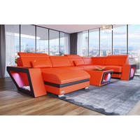 Sofa Dreams Wohnlandschaft Ledersofa Catania U Form Couch Leder Sofa, mit LED, wahlweise mit Bettfunktion als Schlafsofa, Designersofa orange|schwarz