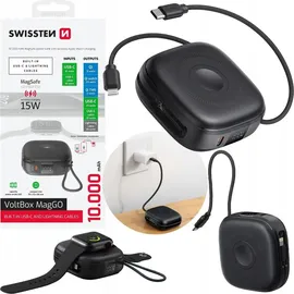 Swissten Swissten, Externer Akku MagSafe 15W 10000mAh mit USB-C- und Lightning-Kabeln, Schwarz - Schwarz
