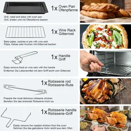 Jago® Minibackofen - mit Umluft, Drehspieß, Innenbeleuchtung, Elektrisch, 60L, 6 Kochmodi, 2000W, Timer, 100 - 230 °, Doppelglastür