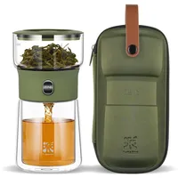 ZENS Klein Solo Teekanne Glas für Losen Tee Zubereitung, One-Touch-Drücker-Teekanne für Teezubereitung, Magic Teezubereiter mit 200ml Isolierter Tasse und Armeegrün Tragetasche für Geschenke