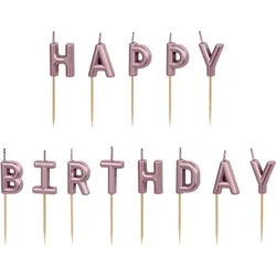 PartyDeco Geburtstagskerzen Happy Birthday 2,5cm - 13 Buchstabenkerzen Schriftzug Geburtstag Kuchenkerzen Tortenkerzen Partydeko Tortendeko Kuchendeko Rosegold