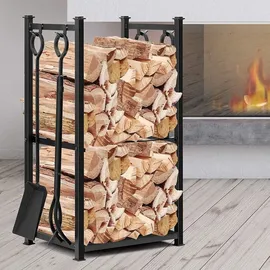 luxuskollektion Kaminholzregal mit 4 Kaminwerkzeugen 72 x 46 x 30 cm Schwarz
