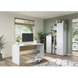 Kadima Design Wangenschreibtisch mit Knieblende, 140x60x75, stoßfeste Kanten, belastbare Tischplatte, Beige-Weiß - `Sage`-Serie
