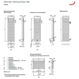 Zehnder Metropolitan Bar Badheizkörper 595 x 900 mm 447 W weiß Seitenventil