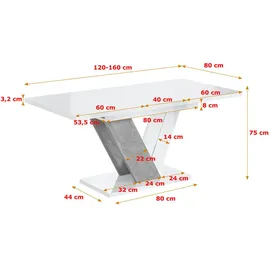 altdecor Esstisch Weiß Hochglanz, Grau, Rechteckig,Rechteckig, Bodenplatte, 80x75x120 cm, Esszimmer, Tische, Esstische
