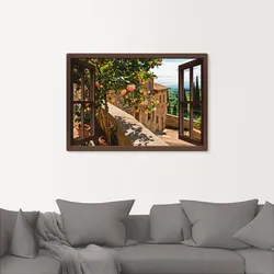 Wandbild ARTLAND "Fensterblick Rosen auf Balkon Toskana", braun, B:130cm H:90cm, Bilder, als Alubild, Outdoorbild, Leinwandbild, Poster, Wandaufkleber