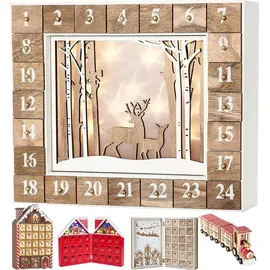 Brubaker Adventskalender Wald Holz Weiß Natur mit LED Beleuchtung 35,5 x 6 x 27 cm