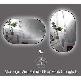 PonteSino HOKO Badspiegel LED 45x75 cm Wandspiegel Oval+Rahmen+LED Wechsel Warmweiß-Kaltweiß-Neutral 2700-6500K+Touch Schalter+Memory-Funktion. Turin - Schwarz