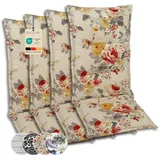 GO-DE Textil Bequeme und attraktive Polsterauflagen für Hochlehner-Gartenstühle (4er-Set, Blumen bunt beige, Hochlehner)