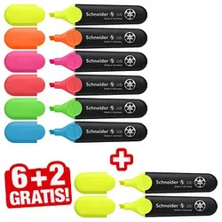 6 + 2 GRATIS: Schneider Job Textmarker farbsortiert, 6 St. + GRATIS 2 St.