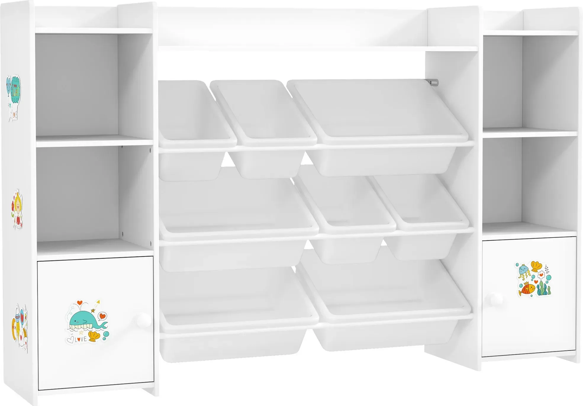 AIYAPLAY Kinder-Aufbewahrungsmöbel mit 4 Ebenen, Spielzeug-Aufbewahrung für Kinder mit 8 abnehmbaren Kisten, Schränken und offenen Fächern, für Kinderzimmer, Spielzimmer, Kindertagesstätte, Weiß   Aosom