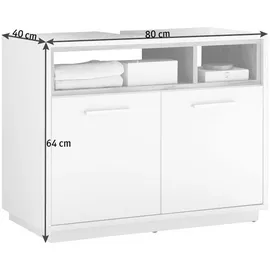 Stella Trading Waschbeckenunterschrank in Wildeiche Optik, Weiß Hochglanz - Bad Unterschrank Badezimmerschrank mit viel Stauraum - 80 x 64 x 40 cm (B/H/T)