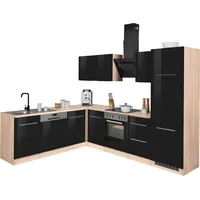 kochstation Winkelküche KS-Brindisi L-Form 280 cm schwarz hochglanz