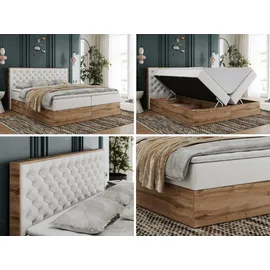 MKS Meble Boxspringbett, Deko, Doppelbett, Polsterbett mit Bettkästen und Multipocket-Matratze, Eiche Wotan holzrahmen - Albero-3 - 180x200cm - Weiß Kunstl... - Weiß