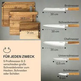 Klarstein Küchenmesser Set mit Messerblock Selbstschärfend, Messerset mit Akazienholz-Messerblock, 5 Scharfe Messer, Kratzfeste Edelstahl-Messer
