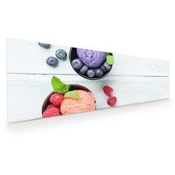 Primedeco Glasbild Wandbild Heidelbeere und Erdbeereis mit Aufhängung, Süsses lila 120 cm x 40 cm