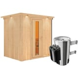 Woodfeeling Karibu Energiespar-Sauna Benin mit Fronteinstieg 68 mm 3,6 kW Plug&Play Ofen mit integrierter Steuerung inkl. 8-teiligem gratis Zubehörpaket (Gesamtwert 191,92€)