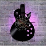 QianZhou-Uk Gitarren CD Wanduhr Aus Vinyl Schallplattenuhr Upcycling LED 3D Design-Uhr Wohnzimmer Schlafzimmer Restaurant Wand-Deko Schwarz Ø: 30 cm (E)