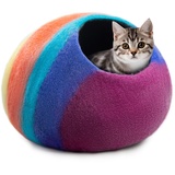 Woolygon - Katzenhöhle aus Wolle, handgefertigt aus 100% Merinowolle, umweltfreundliche Filz-Katzenhöhle für Indoor-Katzen und Kätzchen (Rainbow Twist)
