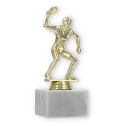 Pokal Kunststofffigur Tischtennisspielerin gold auf weißem Marmorsockel 16,8cm
