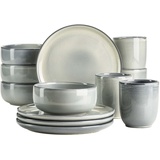 Mäser Serie Livio, Frühstücksgeschirr Set für 4 Personen mit henkellosen Kaffeebechern, moderne nordische Formen, 12-teiliges Service, Steinzeug, Grün