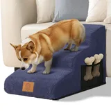 Eukue Hundetreppe für Kleine Hunde und Katzen, 3 Stufen Hundetreppen für Bett und Sofa, Hunderampe aus Hochdichtem Schaumstoff, Tragbare Haustiertreppe mit Bezug, Blau