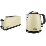 Russell Hobbs Toaster Langschlitz Colours+ creme, extra breite 1 Langschlitzkammer, inkl. Brötchenaufsatz, 1000W, & Mini-Wasserkocher Colours+ creme, 1,0l, 2400W, Schnellkochfunktion