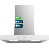 Cecotec Dunstabzugshaube 60 cm Flux TT 605500 Glas Weiß A++. 70W, Front aus weißem Glas, Niedriger Verbrauch, Absaugleistung 550m3/h, Touch-Steuerung, 3 Stufen, LED-Licht, Aktivkohlefilter