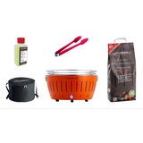 Lotusgrill XL Starter-Set 1x XL Grill Mandarinenorange mit USB-Anschluß, 1x Buchenholzkohle 2,5 kg, 1x Brennpaste 200ml, 1x Würstchenzange, 1x Transpo