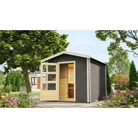 Karibu Bosse 1 - 38 mm Gartensauna mit Vorraum und Satteldach terragrau Moderne Saunatür (Klarglas) Ohne Ofen inkl. 10-teiligem gratis Saunaset im Wert von 232,94 €