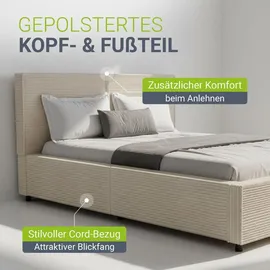 Juskys Polsterbett Salerno 140 x 200 cm Cord Creme, modernes Design & pflegeleicht