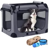 Petprsco Tragbare Hundebox, zusammenklappbare Hunde-Reisebox, 81 x 58 x 58cm, mit weicher Decke, Faltbarer Schüssel und einem Kotbeutel mit Spender für mittelgroße und große Hunde