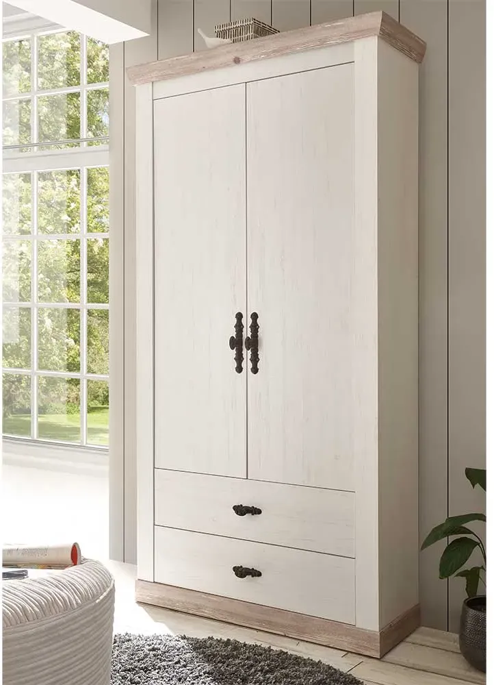 Dielenkleiderschrank in Weiß und Pinie Optik Landhaus Design
