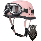 Deutsche Leder Motorrad Halbhelme Retro Halbschalenhelm JetHelm mit Visier Schnellverschluss Schnalle für Cruiser Chopper Biker Moped DOT/ECE-Zulassung