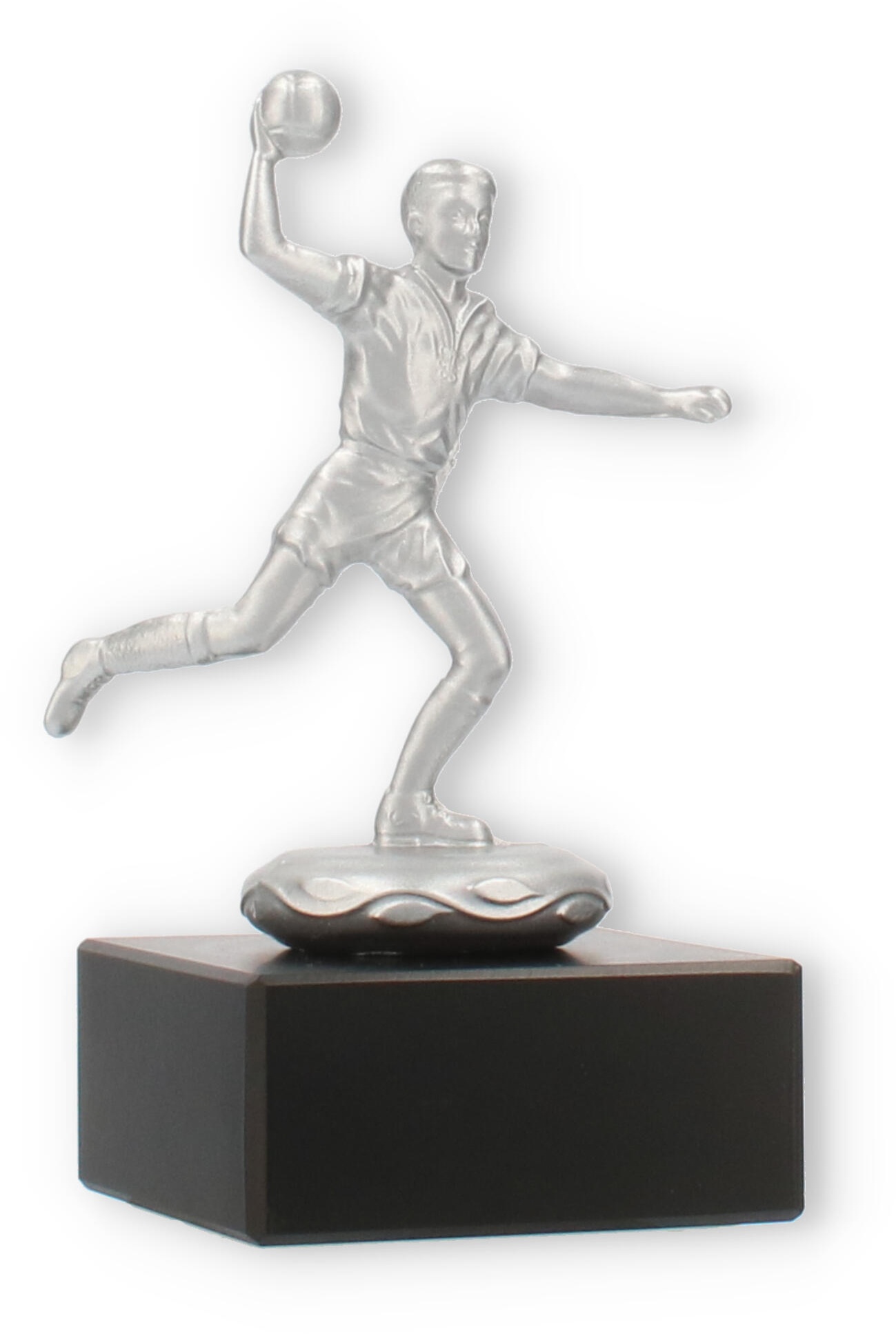 Pokal Metallfigur Handballspieler silbermetallic auf schwarzem Marmorsockel 12,0cm