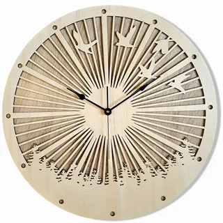 ORNAMENTI Wanduhr Vögel, Wald, skandinavischer Stil, Eiche, moderne, holz, hingucker (ohne Ticken, Wanddeko, Holzdeko, 3 Größen 40, 50, 60 cm) 50 cm