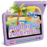 Kinder Tablet 7 Zoll Android 16 mit 24GB RAM (3+21 virtual) + 128GB ROM + 1TB erweiterbar, Elternkontrolle, Blaulichtfilter - Lila