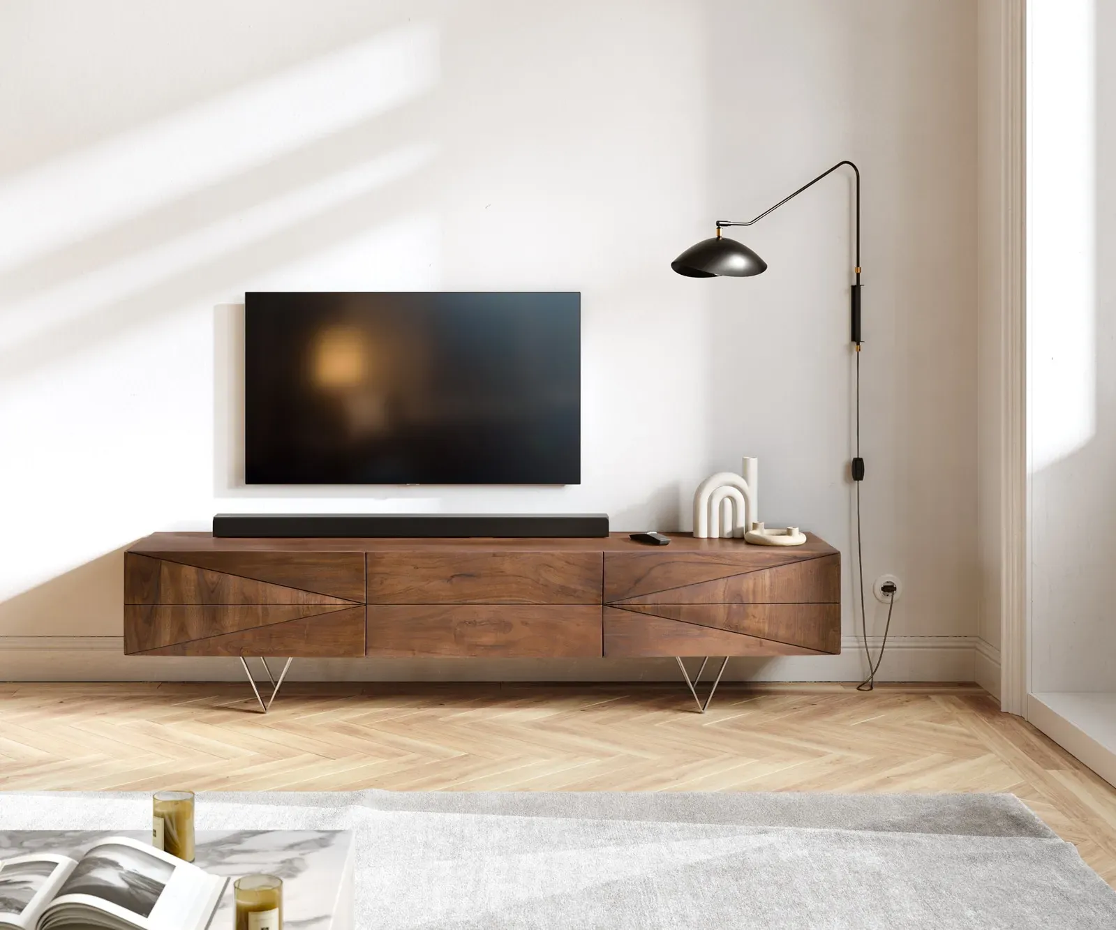 DELIFE Meuble-TV Wyatt 175 cm marron acacia 1 rabat, Meubles-TV